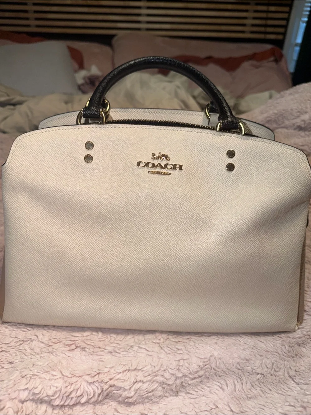 Coach White Leather Dome Satchel with Black Handles and Gold Logo